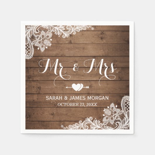 Serviette En Papier Rustic Barn Wood Lace M. et Mme Mariage (Devant)
