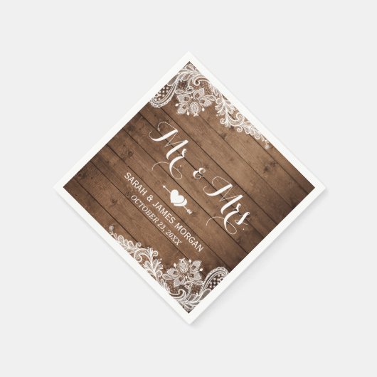 Serviette En Papier Rustic Barn Wood Lace M. et Mme Mariage (Coin)