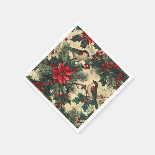 Serviette En Papier Rustic Bird et Poinsettia Motif de Noël (13) (Coin)