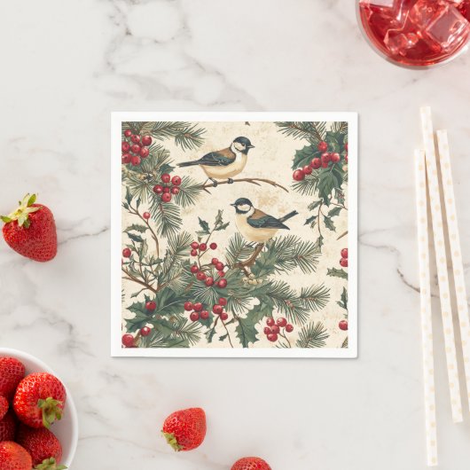 Serviette En Papier Rustic Bird et Poinsettia Motif de Noël (8) (En situation)