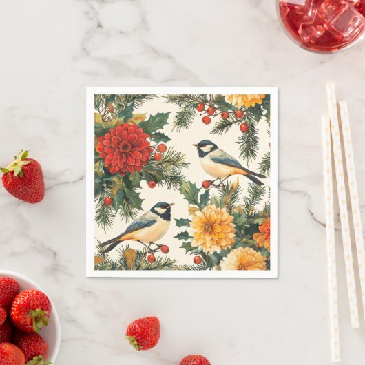Serviette En Papier Rustic Bird et Poinsettia Motif de Noël (9) (En situation)