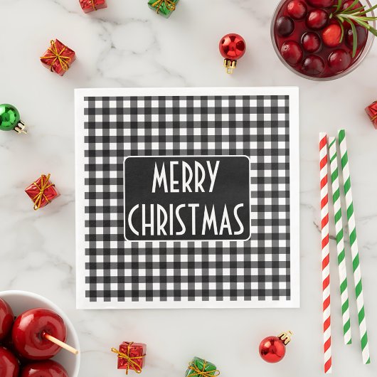 Serviette En Papier Rustic Black & White Buffalo Plaid Merry Christmas