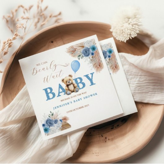 Serviette En Papier Rustic Blue Teddy Bear Baby Shower Florals Balloon