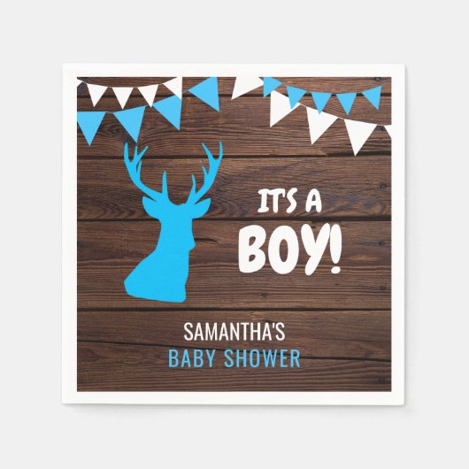 Serviette En Papier Rustic Buck Deer Wood Thème Blue Boy Baby shower (Devant)