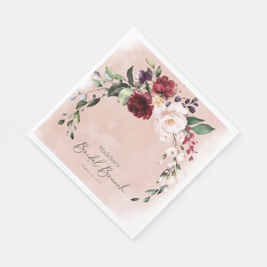 Serviette En Papier Rustic Burgundy & Blush Pink Roses Bridal Brunch (Coin)
