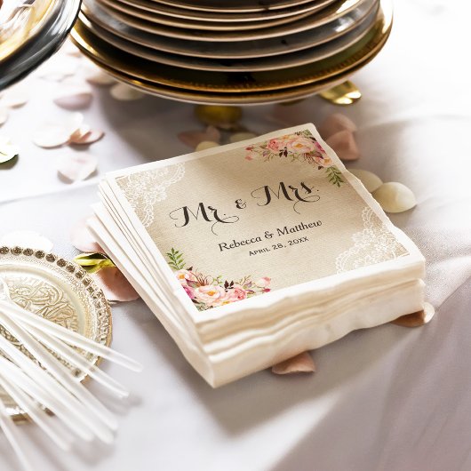 Serviette En Papier Rustic Burlap Lace Floral M. et Mme Mariage