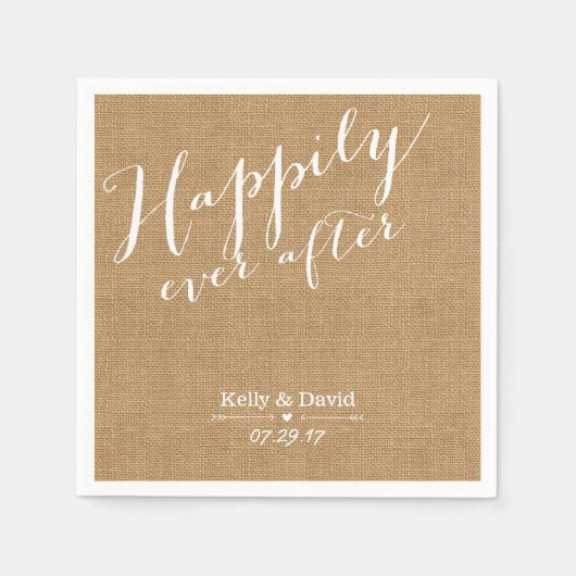 Serviette En Papier Rustic Burlap Script Heureux Jamais Après Mariage (Devant)