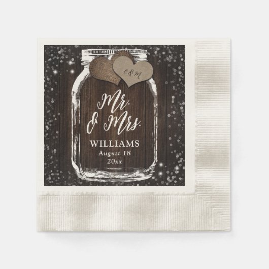 Serviette En Papier Rustic Chic Wood Mason Jar Mr & Mrs Mariage (Devant)