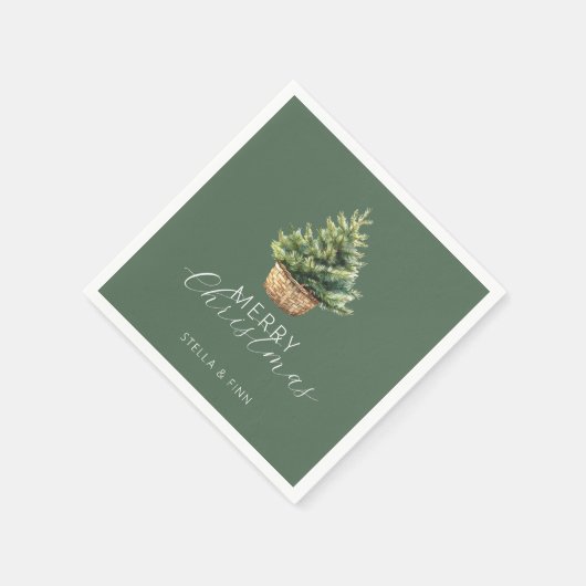 Serviette En Papier Rustic Christmas Tree In Basket Dusty Green (Coin)