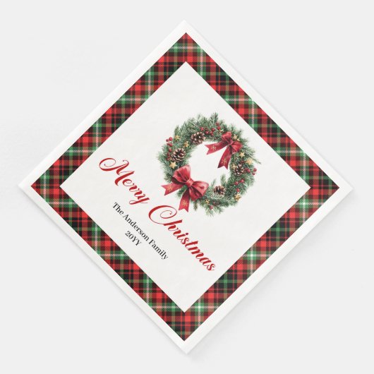 Serviette En Papier Rustic Christmas Wreath Napkins Red Green Pattern (Coin)