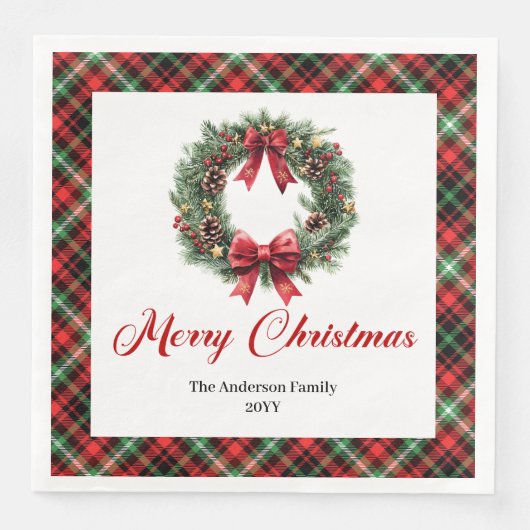 Serviette En Papier Rustic Christmas Wreath Napkins Red Green Pattern (Devant)