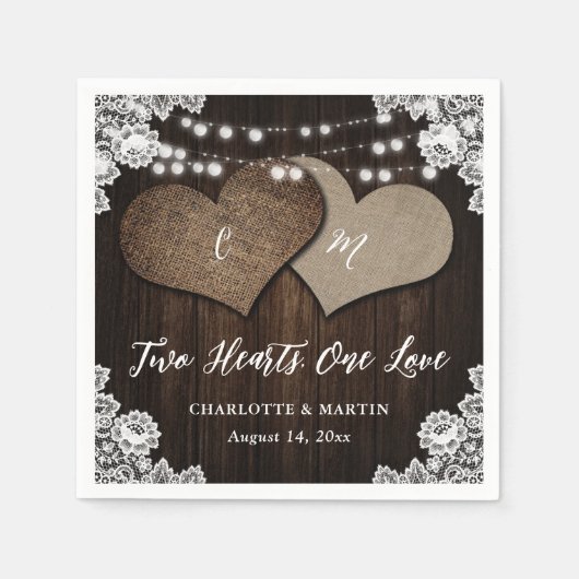 Serviette En Papier Rustic Country Grange Bois Burlap Mariage dentelle (Devant)