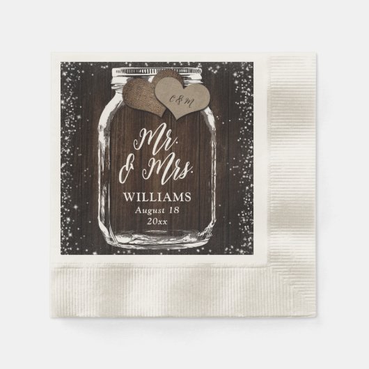 Serviette En Papier Rustic Country Mason Jar Wood Mr & Mrs Mariage (Devant)