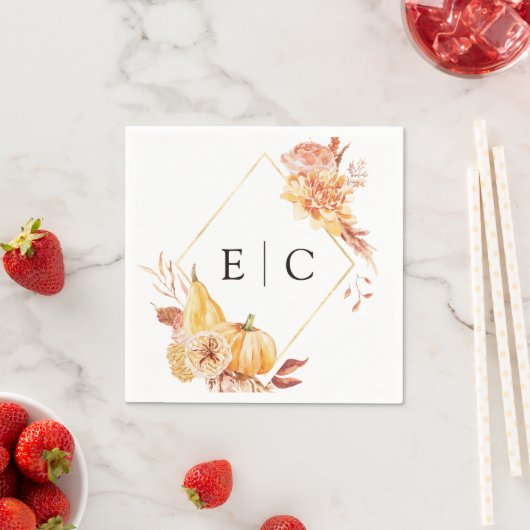 Serviette En Papier Rustic Fall Gold Floral Citrouille Mariage Monogra (En situation)