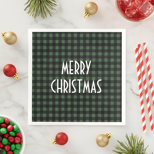 Serviette En Papier Rustic Green & Black Buffalo Plaid Joyeux Noël