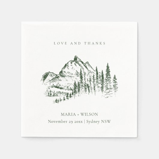 Serviette En Papier Rustic Green Pine Woods Mountain Sketch Mariage (Devant)