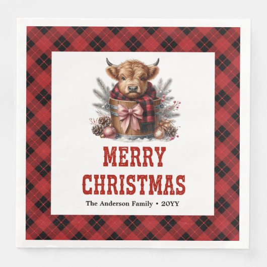 Serviette En Papier Rustic highland cow holiday napkins buffalo plaid (Devant)