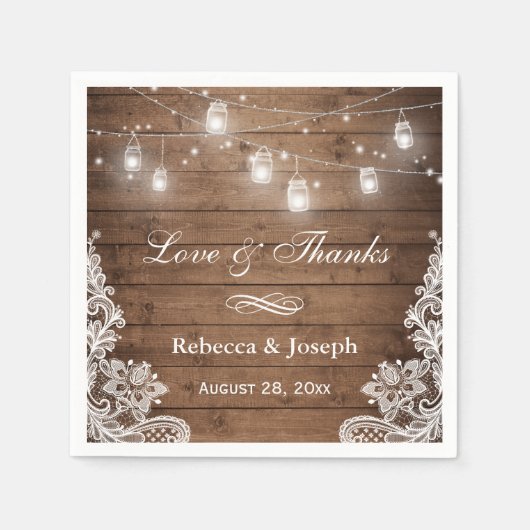 Serviette En Papier Rustic Mason Jar String Lumières Lace Love Merci (Devant)