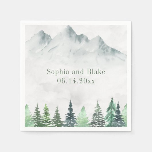 Serviette En Papier Rustic Mountains et Mariage d'aquarelle de forêt (Devant)