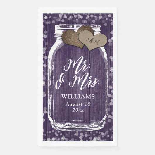 Serviette En Papier Rustic Purple Mason Jar Wood Mr & Mrs Mariage (Devant)