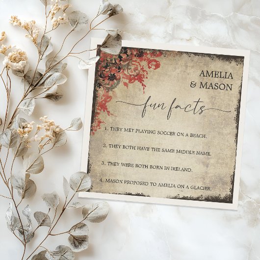 Serviette En Papier Rustic Script Red Floral Fun Facts Wedding 