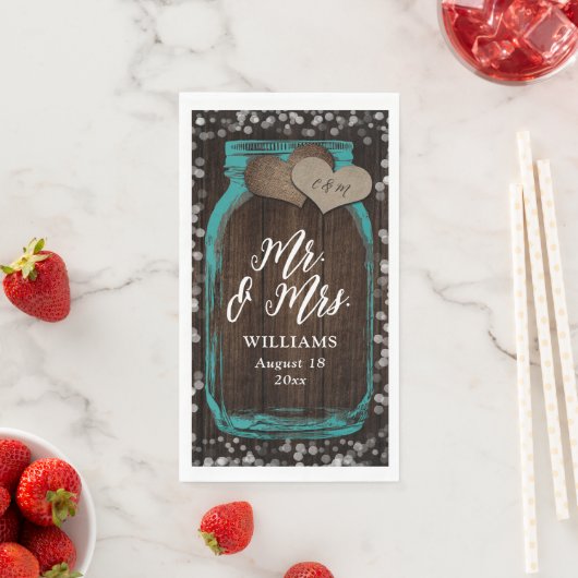 Serviette En Papier Rustic Turquoise Mason Jar Wood Mr & Mrs Mariage (En situation)