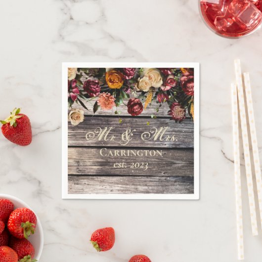 Serviette En Papier Rustic Wood Floral Mr & Mrs Mariage (En situation)