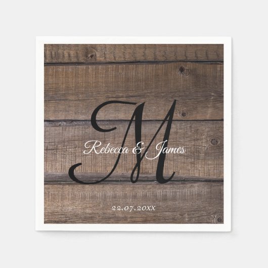 Serviette En Papier Rustic Wood Monogramme Nom Script Wedding Party (Devant)