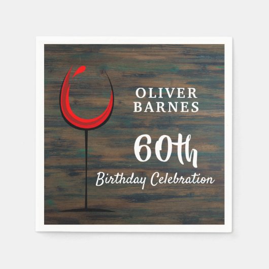 Serviette En Papier Rustic Wood Red Wine 60e fête d'anniversaire (Devant)