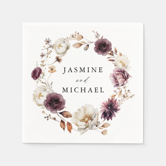 Serviette En Papier Rustique Automne Marsala Floral Mariage Wreath (Devant)