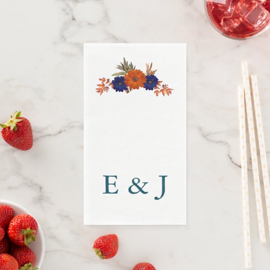 Serviette En Papier Rustique Automne Orange Navy Bleu Floral Mariage (En situation)