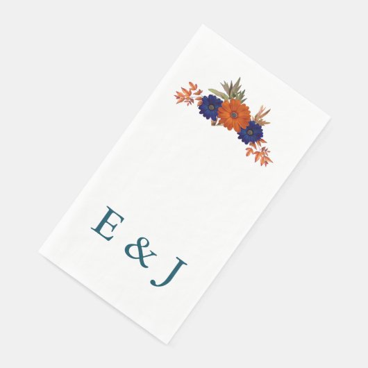 Serviette En Papier Rustique Automne Orange Navy Bleu Floral Mariage (Coin)