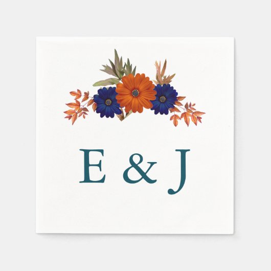 Serviette En Papier Rustique Automne Orange Navy Bleu Floral Mariage (Devant)