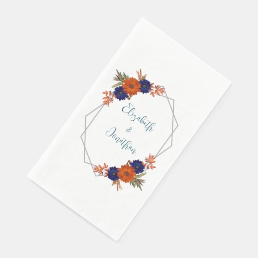 Serviette En Papier Rustique Automne Orange Navy Bleu Floral Mariage (Coin)