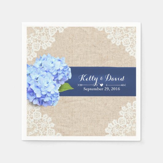 Serviette En Papier Rustique Blue Hydrangea dentelle & Mariage Burlap (Devant)