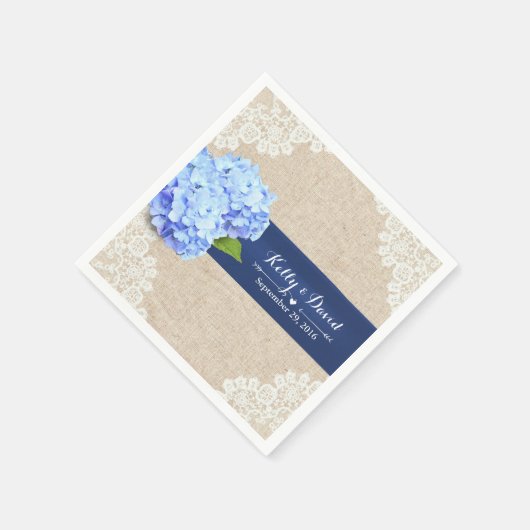Serviette En Papier Rustique Blue Hydrangea dentelle & Mariage Burlap (Coin)