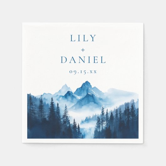 Serviette En Papier Rustique Boho Blue Watercolor Mountains Mariage (Devant)