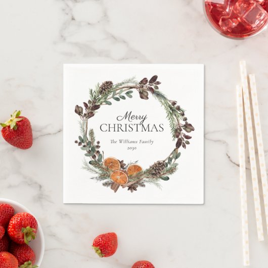 Serviette En Papier Rustique Boho séché Orange Wreath Joyeux Noël (En situation)