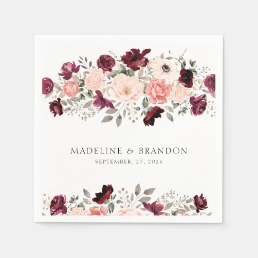 Serviette En Papier Rustique Bourgogne Blush Floral Mariage (Devant)