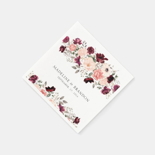 Serviette En Papier Rustique Bourgogne Blush Floral Mariage (Coin)