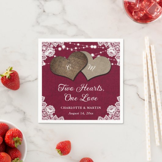 Serviette En Papier Rustique Bourgogne Burlap Lace String Mariage (En situation)