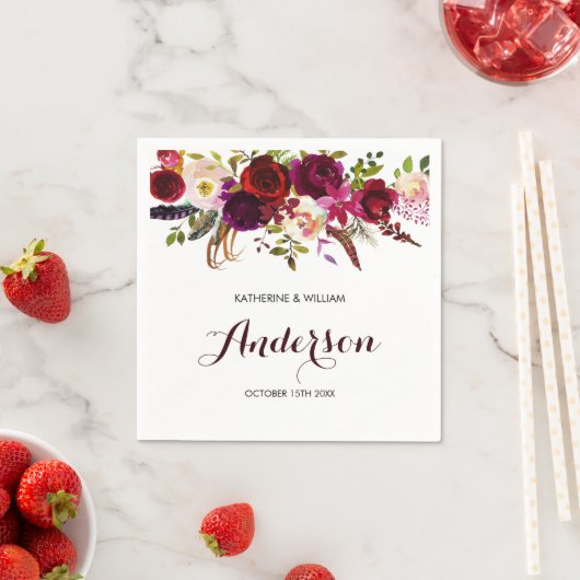 Serviette En Papier Rustique Bourgogne Marsala Chic Floral Mariage (En situation)