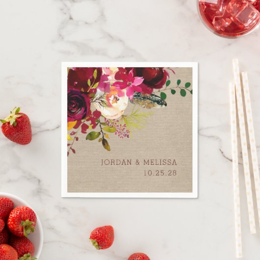 Serviette En Papier Rustique Burlap Bourgogne mariage Floral serviette (En situation)