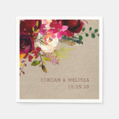 Serviette En Papier Rustique Burlap Bourgogne mariage Floral serviette (Devant)