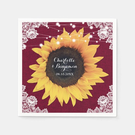 Serviette En Papier Rustique Burlap Dentelle Bourgogne Mariage de tour (Devant)