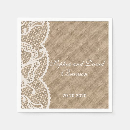 Serviette En Papier Rustique Burlap et dentelle Mariage Personnalisé (Devant)