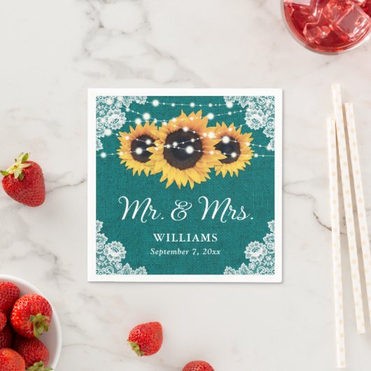 Serviette En Papier Rustique Burlap Lace Tournesol Mariage Turquoise (En situation)