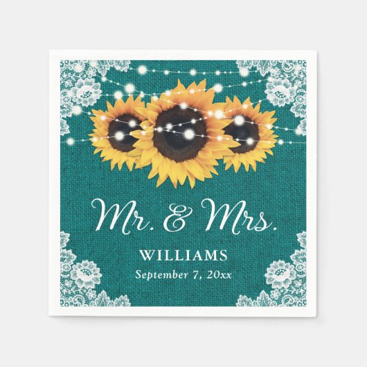 Serviette En Papier Rustique Burlap Lace Tournesol Mariage Turquoise (Devant)