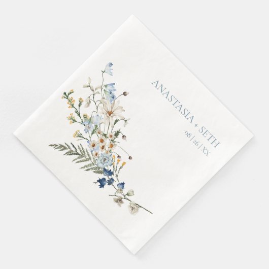Serviette En Papier Rustique Dusty Blue Fleurs sauvages & Daisy Mariag (Coin)