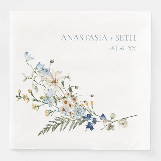 Serviette En Papier Rustique Dusty Blue Fleurs sauvages & Daisy Mariag (Devant)